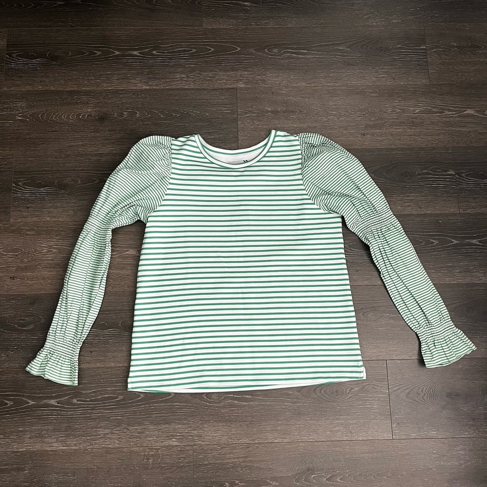 Addison Bay Womens XL Green White Soft Luxe Pullover Puff Sleeve Coquette Preppy